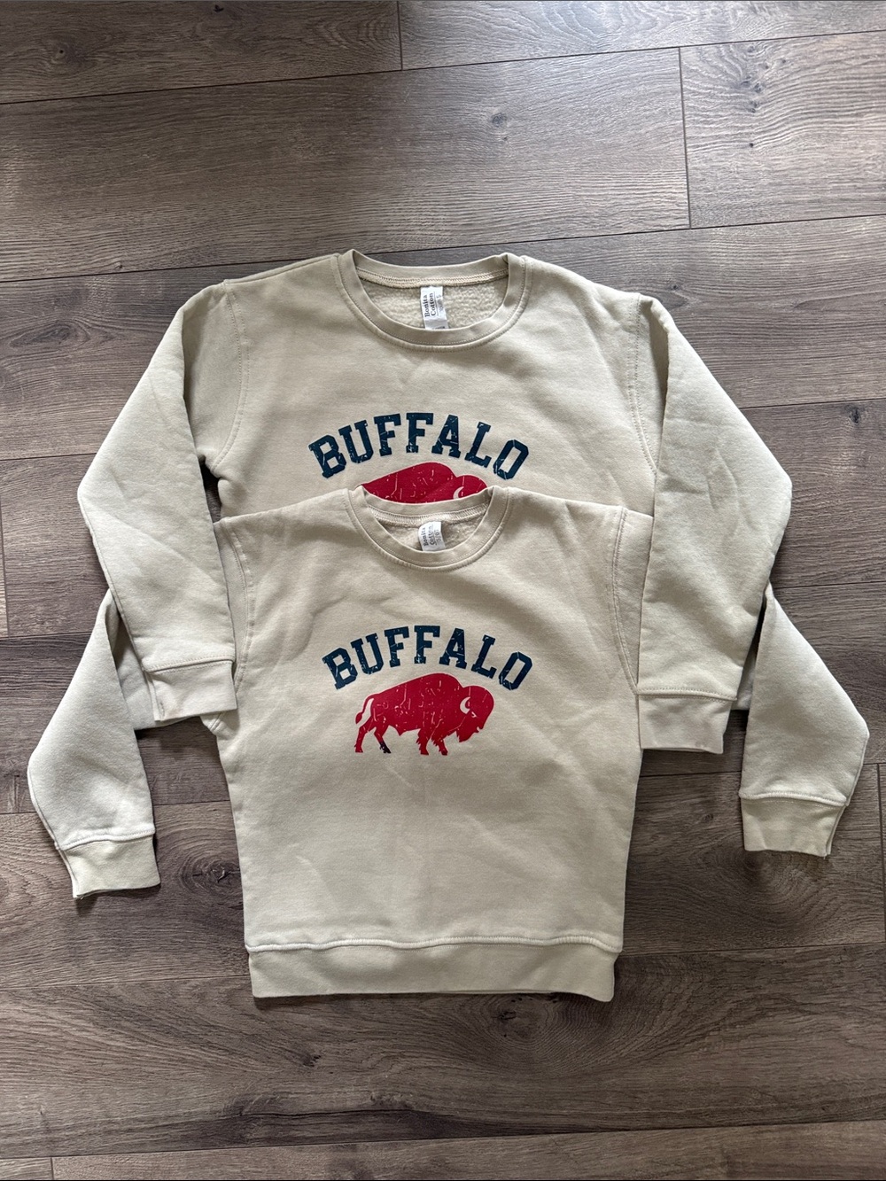 Buffalo Beige Crewneck Sweatshirt with Red Buffalo and Navy Logo
